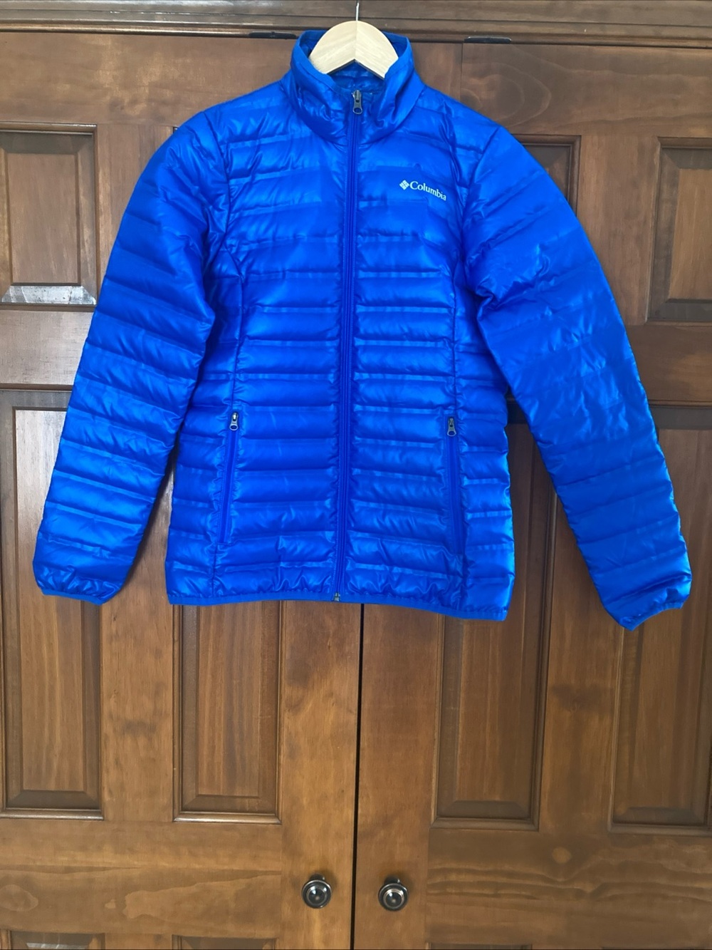 Columbia Blue Packable down filled Puffer full zip Jacket coat women’s small